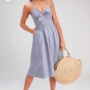 Lulus Joyful Days Blue Striped Knotted Front Midi Dress With Pockets Large